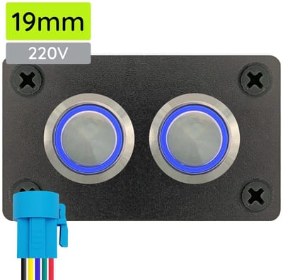 ProRide Metalen drukschakelaars in Tweevoudig inbouwpaneel 220V ON-OFF - 19mm - IP67 - LED indicatie Blauw