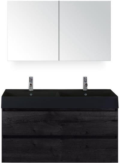 Maxx XL Badmeubelset 120 cm - Black Oak - Wastafel Kube Dubbel Zwart 2 Kraangaten met Spiegelkast