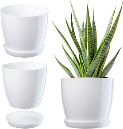 Kadax bloempot, plantenpot met onderschotel, ronde bloempot voor binnenshuis, elegante sierpot van kunststof, bloempot voor bloemen en planten, lichtgewicht plantenpot (Ø 14 cm, wit)