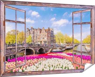 Gards Tuinposter Doorkijk Amsterdamse Huisjes aan de Grachten - 180x120 cm - Tuindoek - Tuindecoratie - Wanddecoratie buiten - Tuinschilderij