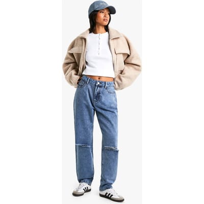 boohoo Dames Petite High Waist Distressed Mom Jeans | Vintage Blauw | Maat: 16/28L