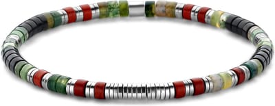 Frank 1967 - 7FB-0760 - platte kralenarmband heren - zwart agaat, mosagaat, rode stenen en staal - 4*2 mm