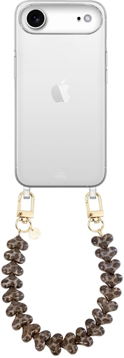 xoxo Wildhearts siliconen hoesje - Geschikt voor iPhone 17 Air hoesje - Funky Hearts - Telefoonhoesje - Hoesje met koord - Transparant koord met Luipaard print - Kort telefoonkoord - Hartjes ketting - Transparant hoesje - Leopard