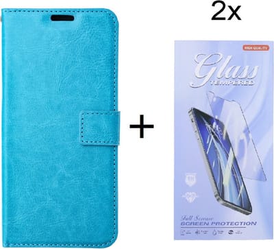 Bookcase Geschikt voor: Samsung Galaxy A05s Turquoise - Portemonnee hoesje met 2 stuk Glas Screen protector - Book Cover