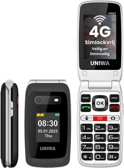 Uniwa V202T Senioren Telefoon 4G - Klaptelefoon - Grote Toetsen - SOS Noodknop - GSM Dumbphone - Zwart