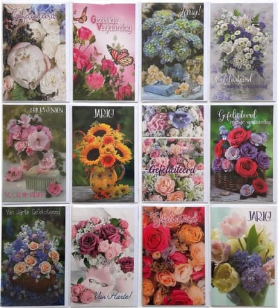 Verjaardag Wenskaarten - 12 Stuks - Bloemen - Gefeliciteerd - L-185