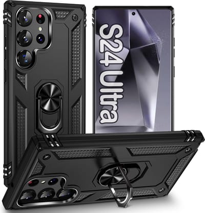 Anti-Shock Hybrid Ring Armor Hoesje Geschikt voor: Samsung Galaxy S24 Ultra - Zwart