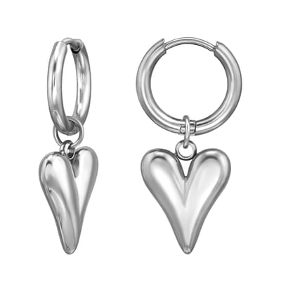 Zilver kleurige stainless steel oorringen met hangend hartje | dames oorbellen | chirurgisch staal | hypoallergeen | Zilverana | RVS
