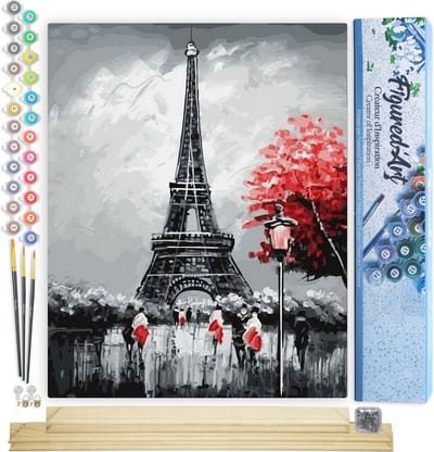 Figured'Art Schilderen op Nummer Volwassenen canvas Parijs Eiffeltoren - Handwerk acrylverf Kit DIY Compleet - 40x50cm met DIY houten lijst