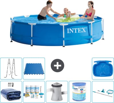 Intex Rond Frame Zwembad - 305 x 76 cm - Blauw - Inclusief Solarzeil - Onderhoudspakket - Zwembadfilterpomp - Filter - Schoonmaakset - Ladder - Voetenbad - Vloertegels - 9-delig