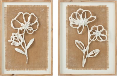 J-Line wanddecoratie Bloemen Poli - hout - naturel/wit - 2 stuks