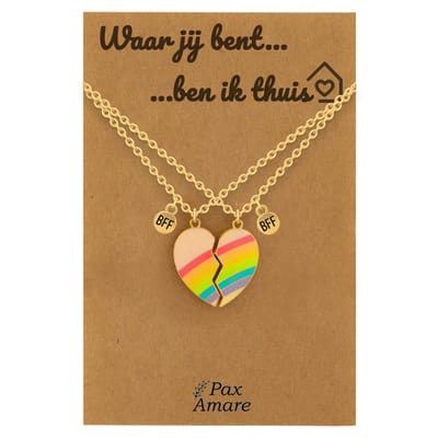 Koppel Ketting voor 2 'Waar jij bent, ben ik thuis' - Magnetisch Regenboog Hartje - Vriendschapsketting op Cadeau Kaartje - 45cm + 5cm verstelbaar - Goudkleurig - Persoonlijke Hanger - Pax Amare