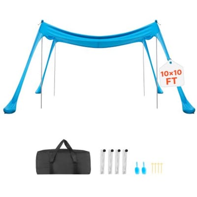 VEVOR strandtent met zonbescherming (UPF 50+) 3 x 3 x 2 m, strandtent met 4 zandzakken, stabilisatiepalen en zandschepjes, draagbare zonnescherm voor gezinsuitjes, kamperen, vissen, blauw