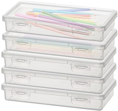 5 stuks kunststof pennenbox, 19 x 9,5 x 3 cm, stapelbare doorzichtige pennenopbergbox met snap-dichte deksel voor kunstbenodigdheden, schrijfwaren, cosmetica, gereedschap