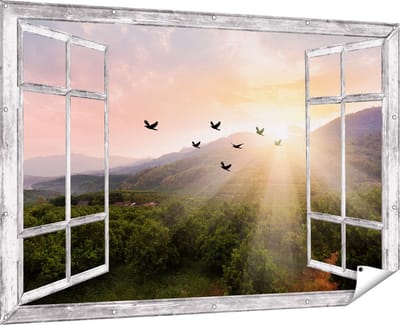 Gards Tuinposter Doorkijk Silhouet Zwerm Vogels bij Zonsondergang - 180x120 cm - Tuindoek - Tuindecoratie - Wanddecoratie buiten - Tuinschilderij