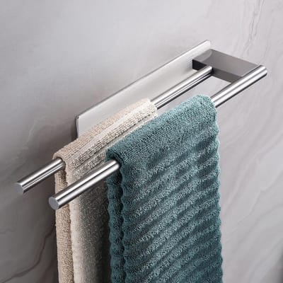 Zelfklevende dubbele handdoekstang - Handdoekhouder - Badhanddoekhouder - Zonder Boren - Badkamer - Ophangbaar - Hangend - Voor badkamer en keuken - 39CM - Zilver