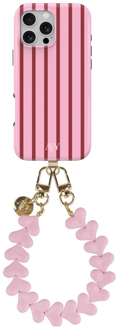 AVY Hoesje Met Telefoonkoord | Geschikt voor Apple iPhone 15 Pro | Compatibel met MagSafe | Hard Shell Back Cover | Stijlvol Bijpassend Koord 30CM | Linea Hearts | Roze