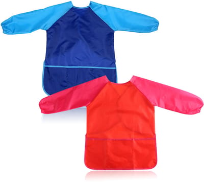 QTTVBTNA - Kinderschort - waterdichte schildersschorten - Kinder knutsel- & kunstschorten - Lengte 60 cm - Voor kinderen 5-8 jaar - Blauw + Rood - Maat M - 2 stuks