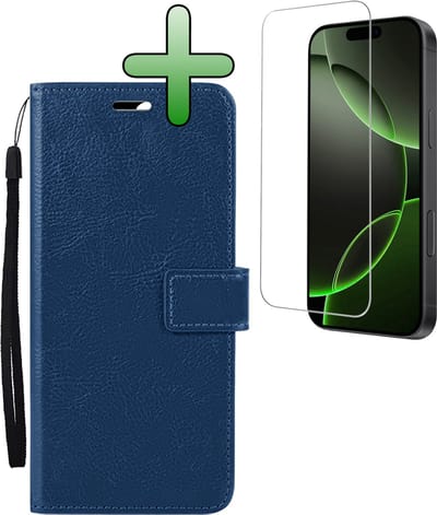 Hoesje Met Screenprotector - Geschikt voor Apple iPhone 16 Pro - Luxe Pasjeshouder - Bookcase Portemonee - Flip Case - Kunstleer Book Case - Flipcase - Book Cover - Walletcase - Portemonneehoes - Donkerblauw
