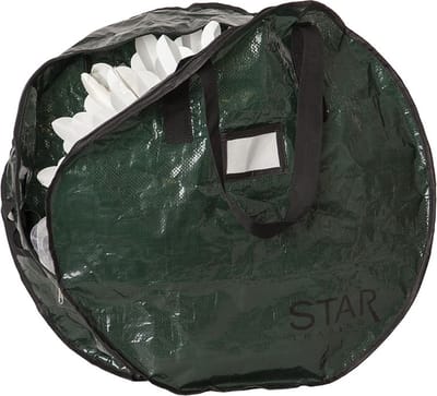 Ronde opbergtas voor kransen, sterren of slingers, groen, van PET met draaggreep, Ø 60 cm