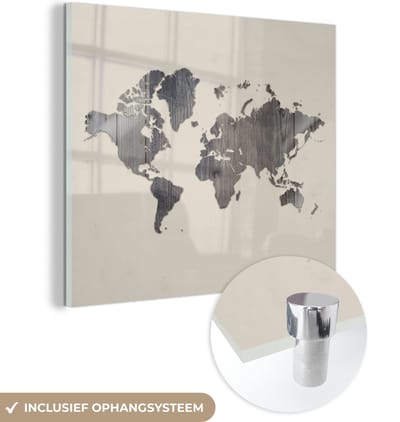 ® Glasschilderij 90x90 cm - Schilderij acrylglas - Wereldkaart - Houten - Grijs - Foto op glas - Muurdecoratie woonkamer - Wanddecoratie slaapkamer - Schilderijen