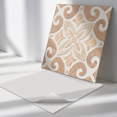 Wallfluent Vinyl Tegels - Bloemenpatroon met Ornamenten Zelfklevende Vinyltegels - 30 cm x 30 cm - Beige Vinyl Tegels - Verpakking van 9 stuks - Vierkant PVC Tegels - Texturen Plaktegels - Vloer Tegels PVC - Plaktegels Keuken en Badkamer