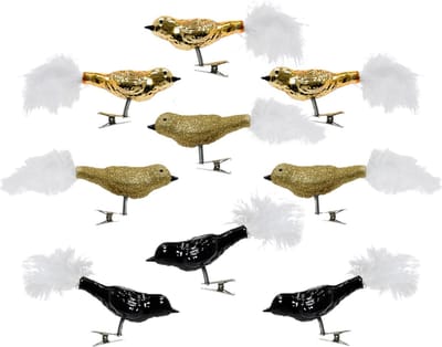 Decoris Kerst vogeltjes - 9x st - op clip - goud/zwart - 8 cm - glas - kerstornamenten