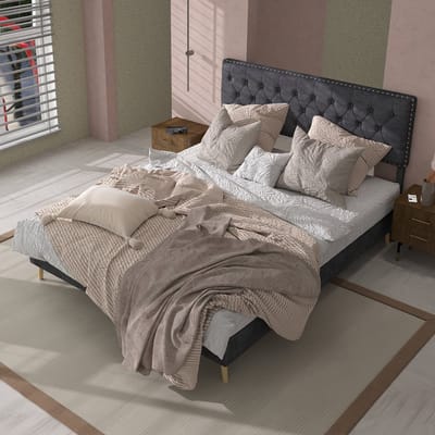 Wishdor Gestoffeerd Bedframe – 140 x 200 cm – Hoog Hoofdbord met Siernagels – Lattenbodem – Stof Grijs – Hollandse Fluwelen Look – Opbergruimte Onder Bed – Stijlvol voor Klassieke Slaapkamer