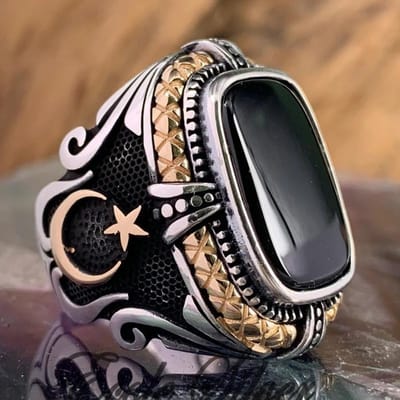Bague Totem Mystérieux Étoile Lune Turque Faite Main Vintage pour Hommes Anneau Couleur Cuivre Ancien Zircon Noir Bijoux Musulmans Tendance resizable white