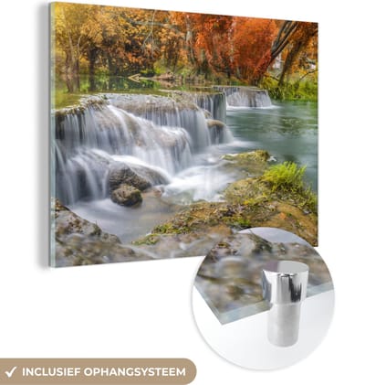 MuchoWow® Glasschilderij 40x30 cm - Schilderij acrylglas - Herfst - Waterval - Natuur - Bomen - Foto op glas - Schilderijen