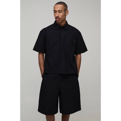 Ripstop Oversized Boxy Cargo Shirt & Parachute Short Set | Black | Size XS
