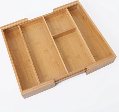 Uitschuifbare bestekbak 3 Vaks -> Uitschuifbaar naar 5 Vaks - Keukenla Bestek organizer bamboe hout - 43.5 x 36 x 6 Cm