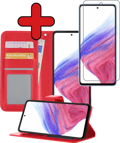 Hoesje - Met Screenprotector - Geschikt voor Samsung Galaxy A53 - Luxe Pasjeshouder - Flipcase - Bookcase Portemonee - Flip Case - Kunstleer Book Case - Book Cover - Walletcase - Portemonneehoes - Telefoonhoes - Rood