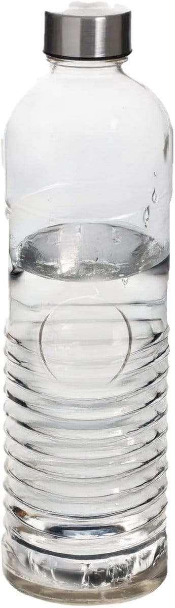 5Five Waterfles -1 liter - gehard ribbel glas - D8 x H29 cm - drinkfles - Glazen drink flessen
