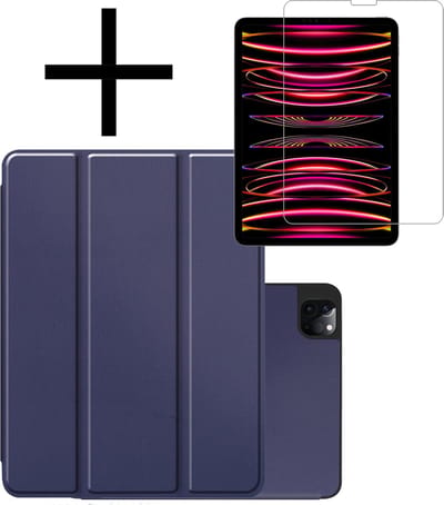 Hoes - Geschikt voor Apple iPad Pro (2022) - 12.9 inch - Met Screenprotector - Trifold Bookcase - Hard Cover Case - Met Uitsparing Geschikt voor Apple Pencil - Hardcover Book - Tablet Hoesje - Donkerblauw