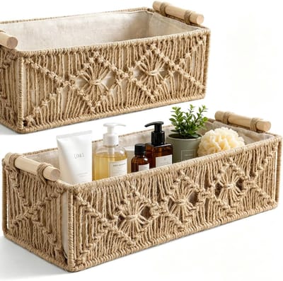 Set van 2 opbergmanden, gevlochten macramé-opbergmanden, decoratieve doos, boho-decoratie, handgemaakt macramé van katoenen touw met handgrepen voor decoratie (jute, set van 2)