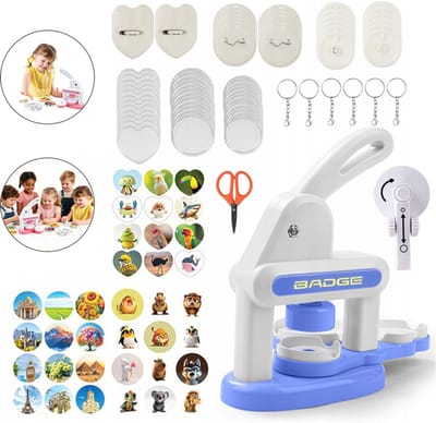 Badge Maker – Doe-het-zelf badgemachine – Geen installatie nodig – Badgemachine – Diverse formaten – Kaartpersmachine – 35 mm – 55 mm – Hartvormig – Badgepersmachine – Bevat 85 badges – Geschikt voor kinderen – Blauw