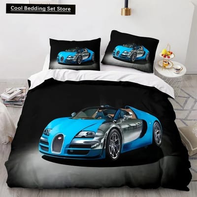 Sportwagen King Queen Dekbedovertrek Cool Kleurrijk Supercar Patroon Beddengoed Set voor Mannen Volwassene Raceauto 23 stuks Polyester Dekbedovertrek US Twin 172x218cm