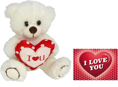 Pluche knuffelbeer met I Love hartje - wit/rood - 30 cm - inc. wenskaart