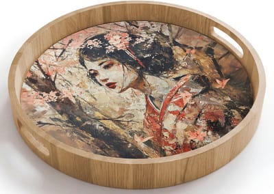 Dienblad rond 40x40 cm - Schootdienblad hout - Kimono - Vrouw - kersenbomen - Borrelplank rechthoek - Plateau houten dienbladen