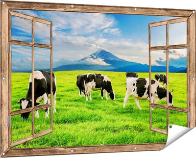 Gards Tuinposter Doorkijk Koeien in de Wei - 150x100 cm - Tuindoek - Tuindecoratie - Wanddecoratie buiten - Tuinschilderij