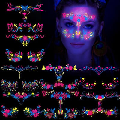 Dailygoods- Neon Tatoeages 3-5 Dagen - Tijdelijke Tatoeages - UV-Tatoeagestickers - Blacklight - Gezichtssieraad - Voor Vrouwen/Mannen