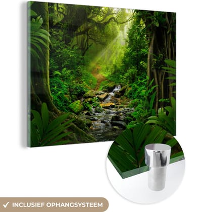 Glasschilderij - Zon - Bomen - Water - Jungle - Groen - Foto op glas - Schilderij glas - 160x120 cm - Acrylglas - Schilderijen woonkamer - Wanddecoratie
