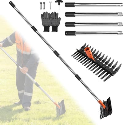 Verstelbare metalen tuinhark voor het verwijderen van bladeren, onkruid en losmaken van de grond, lengte 75 cm tot 145 cm