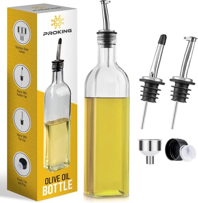 PROKING Olijfolie Fles met Schenktuit – Olijfoliefles – Schenktuit Olijfolie – Glazen Oliefles – Inclusief Schenktuit, Dop & Trechter – 500 ml
