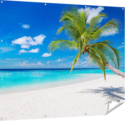 Gards Tuinposter Tropisch Strand met een Palmboom - 150x120 cm - Tuindoek - Tuindecoratie - Wanddecoratie buiten - Tuinschilderij