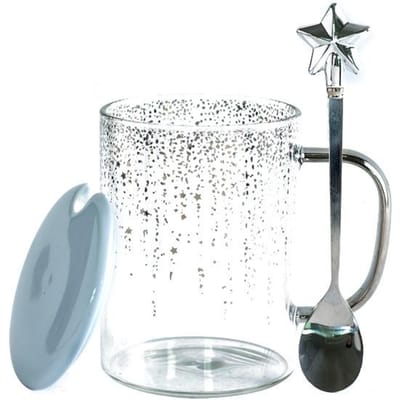 Gouden en Zilveren Handheld Glas Sterrenhemel Waterbeker Thuis met Deksel en Lepel Koffiekopje High Looking Girl Mok 401-500ml
