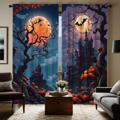 Ensemble de 2 rideaux décoratifs HD Nuit d'Halloween Château Forêt rideaux imprimés numériquement Décoration de maison style Décorer salon W52H63inchW132H160cm gray