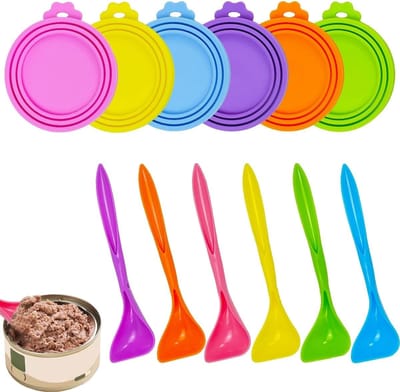 Set van 6 Siliconen Lids voor Kattenvoer Blikken met 6 Lepels - Geschikt voor 70g, 85g, 200g en 400g Blikken - Ideaal voor Versheid en Bewaren van Kattenvoer