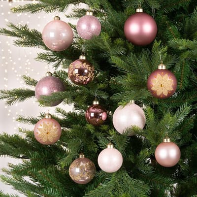 Decoris -Kerstballen - Glas - mix box - 12 stuks - Roze - Luxe Glazen Kerstversiering